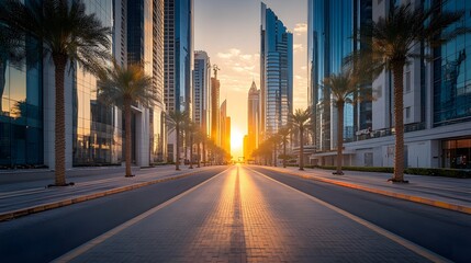 Sunrise Illuminates Modern City Street With Palm Trees