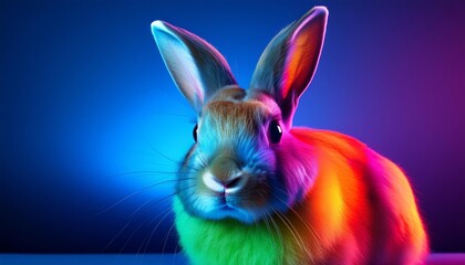 A rabbit with a rainbow colored coat is staring at the camera