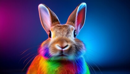 A rabbit with rainbow colored fur is staring at the camera