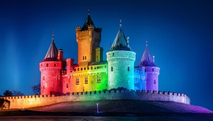 Fototapeta premium A castle with rainbow colored towers is lit up at night