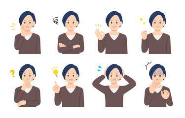 いろいろな表情やポーズをする中年女性のセット【人物ベクターイラスト素材】