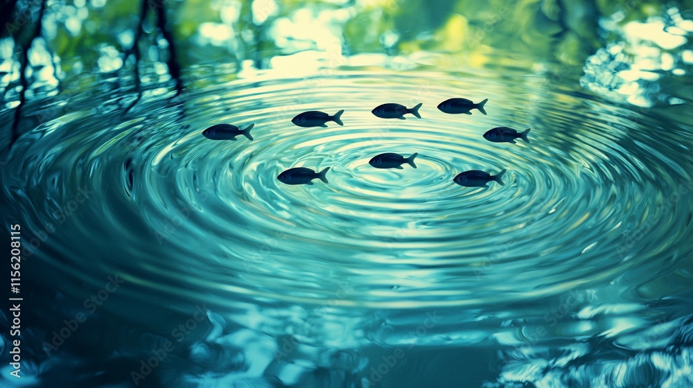 Poster calm pond with fish creating ripples.