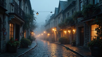 Misty Cobblestone Lane: Atmospheric European Town at Dusk