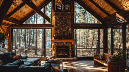 A cozy mountain cabin featuring a stone fireplace, exposed wooden beams, and rustic furniture, nestled in a lush forest, providing a warm and inviting retreat in nature.