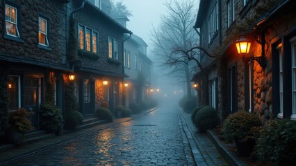 Fototapeta premium Mysterious Foggy Cobblestone Street at Dusk