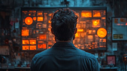 Fototapeta premium Man Observing A Bright Orange Data Screen