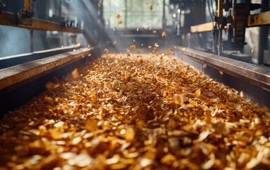 Golden wood fibers cascade down a conveyor belt, illuminated by a shaft of sunlight. A mesmerizing industrial process unfolds.