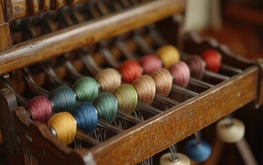 Vibrant threads on a vintage spinning frame, a symphony of colors ready to be woven into textile masterpieces. A testament to craftsmanship.