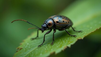 Naklejka premium A Spotted Beetle Crawls on a Green Leaf