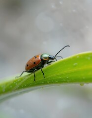 Fototapeta premium Orange Beetle Crawls on Green Leaf