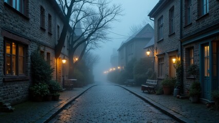 Obraz premium Misty Cobblestone Lane: A Nostalgic European Streetscape
