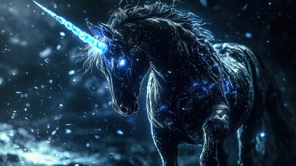 A cursed unicorn with a twisted form, its once-majestic horn cracked and radiating dark energy. The creature’s eerie glow contrasts with its darkened mane and shadowy surroundings.
