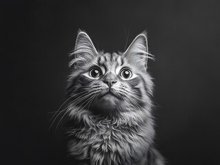 Fototapeta premium Black and white portrait of a fluffy cat with long fur and prominent whiskers, large expressive eyes and a slightly tilted head, giving it a curious expression