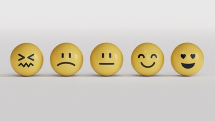 Naklejka premium Customer satisfaction rating. The scale of emotions with smiles.3D rendering on white background.