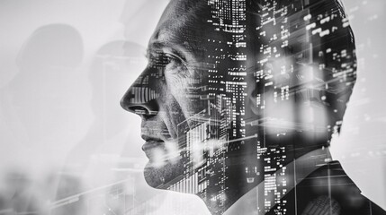 Futuristic digital double exposure portrait of a thoughtful human face overlaid with data coding technology visualizations and intelligence concepts