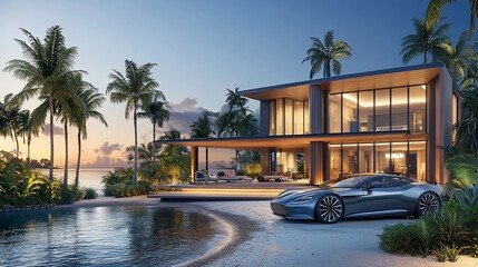 Modern beachfront house with luxury car at sunset.