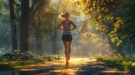Serene Morning Jogging Scene with Graceful Girl in Sportwear
