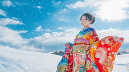 雪景色の中で輝く振袖姿の女性の笑顔