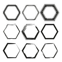 Hexagonal frame shapes. Abstract geometric outlines. Bold black borders. Minimalist graphic pattern.