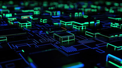 A dark background illuminated by glowing circuit board patterns in neon green and blue, evoking a sense of technology and innovation, ideal for software or hardware-related projects.