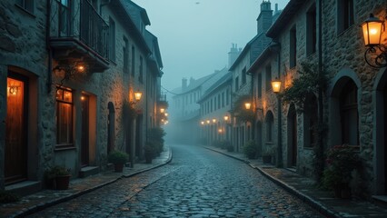 Obraz premium Mysterious Foggy Night in a Quaint European Town