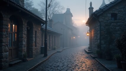 Obraz premium Mysterious Foggy Cobblestone Street at Dawn
