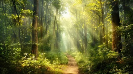 Obraz premium Sunlight filtering through a dense forest pathway.