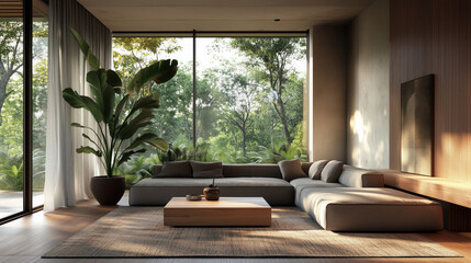 Fototapeta premium Modern Living Room Interior Featuring a Gray Sectional Sofa, Wooden Coffee Table, Large Potted Plant, Textured Rug, and a Mockup Wall with Bright Natural Light Streaming Through a Floor-to-Ceiling Win