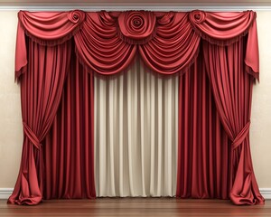 Red and Off-White Draped Curtains with Valance and Tassels