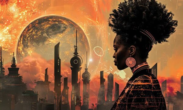 Side profile of African woman with futuristic city and giant planet backdrop