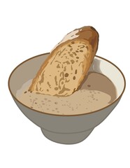 Illustration slice of bread dip into bowl of mushroom soup.