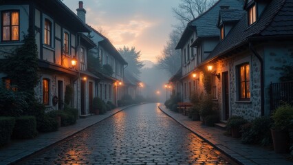 Fototapeta premium Enchanted Cobblestone Lane: A Misty Twilight in a European Village