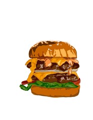 Hand drawn illustration of beef burger with cheese isolated on white background