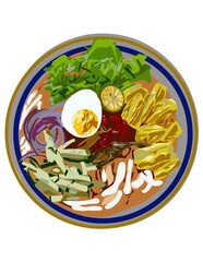 Hand drawn illustration of rice noodles with fish gravy, Malaysian dish.