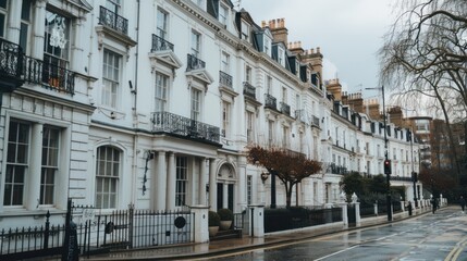 Fototapeta premium Elegant London townhouses line a wet street.