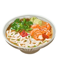 Hand drawn illustration of prawn noodle soup, noodle soup, Thai noodle.