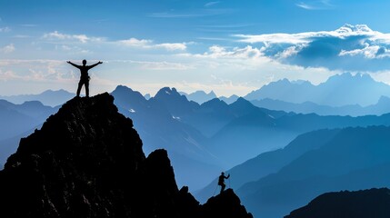 Two hikers on mountain peak, one celebrating triumph, other climbing.  Vast mountain range, clear sky, inspiring views.