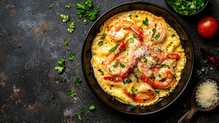 A decadent lobster and shrimp ravioli, elegantly plated with a delicate saffron cream sauce and topped with freshly grated Parmesan, showcasing gourmet culinary artistry.