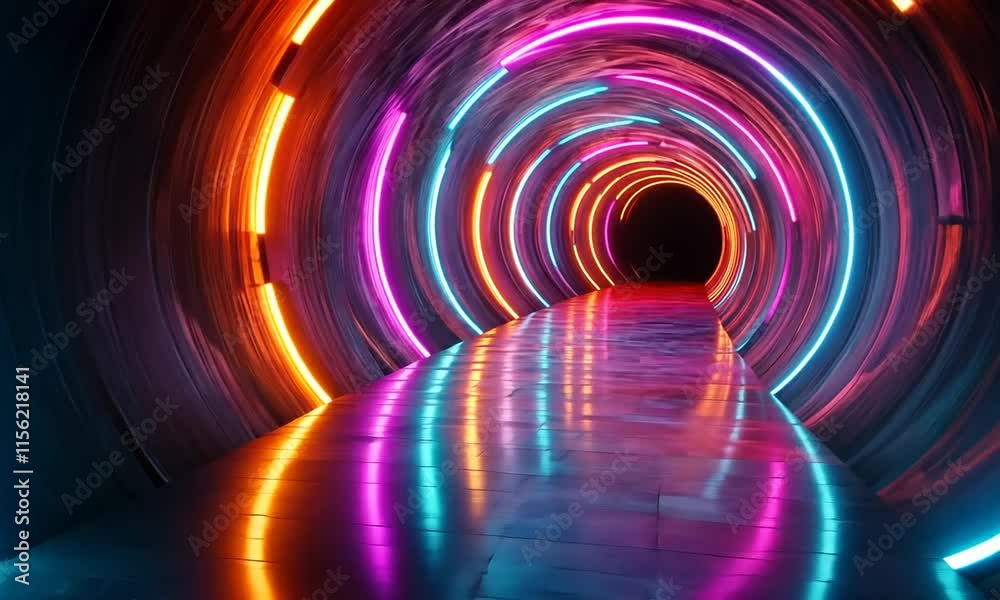 Wall mural a vibrant, illuminated tunnel with colorful neon lights creating a dynamic atmosphere.