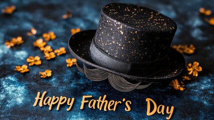 Happy father's day top hat with flowers and mustache on blue background. Happy Father's Day