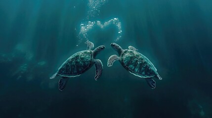 Two sea turtles swimming together underwater with heart-shaped bubbles The 14th of February. Happy Valentine's Day