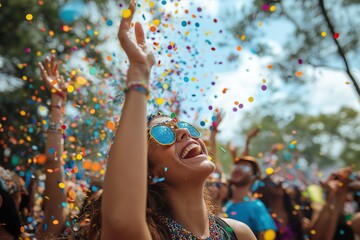 Vibrant carnival celebration with colorful beads flying through the air in a lively crowd during daytime festivities