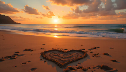 Heart drawn in sand on beach at sunset.