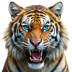 Fototapeta premium Tiger with blue eyes isolated on white background as transparent. PNG.AI GENERATED