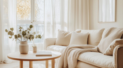 Scandinavian-Style Living Room with Beige Sofa, Round Wooden Coffee Table, Soft Throw Blankets, Large Window with Sheer Curtains, Minimalist Decor, and Mockup Wall for Artwork Display