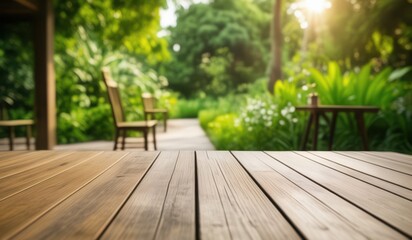 Obraz premium a close up of a wooden deck with chairs and tables, wooden table, 