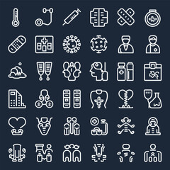 Set of  outline icons related to sickness, illness, disease. Linear icon collection. Editable stroke. Vector illustration
