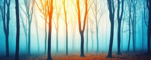 Obraz premium Mist forest concept. A serene forest view enveloped in mist with soft light breaking through the trees.