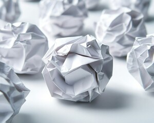 A close-up of crumpled white paper balls scattered on a light surface, showcasing texture and depth.