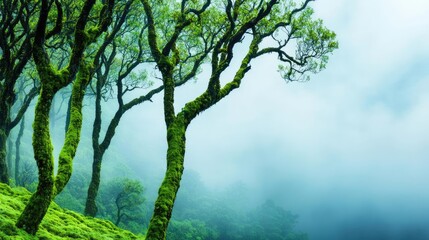 Fototapeta premium Mist forest concept. Lush green trees emerge from a foggy landscape, creating a serene environment.